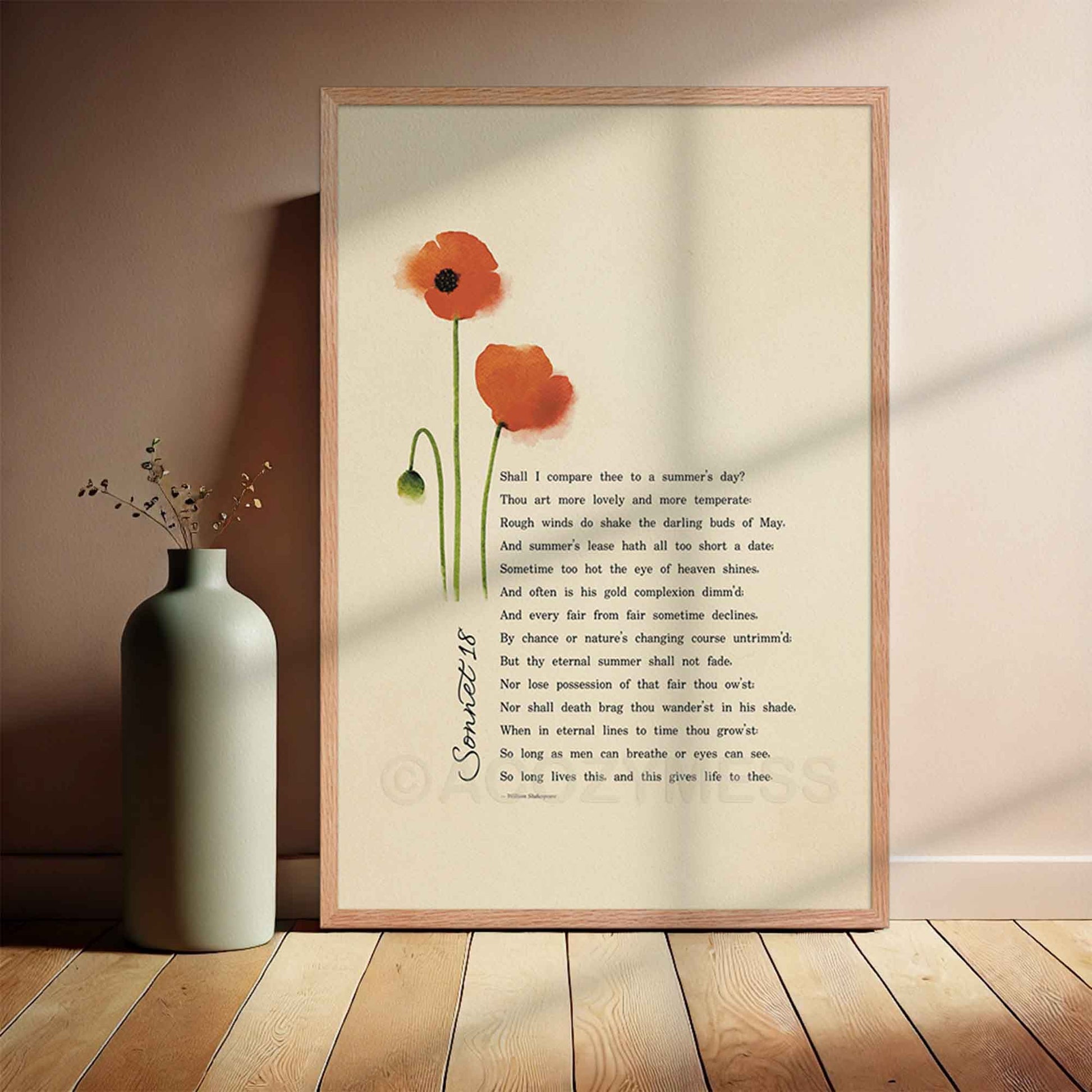 sonnet 18 poem by William Shakespeare with poppy art on beige background in oakwood frame