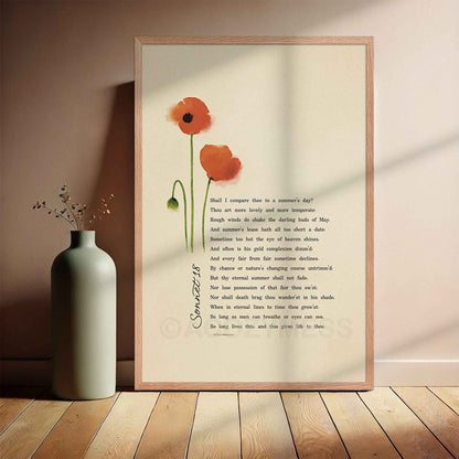 sonnet 18 poem by William Shakespeare with poppy art on beige background in oakwood frame