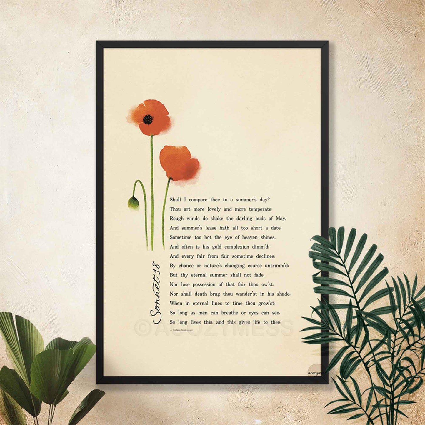 sonnet 18 poem by William Shakespeare with poppy art on beige background in black frame