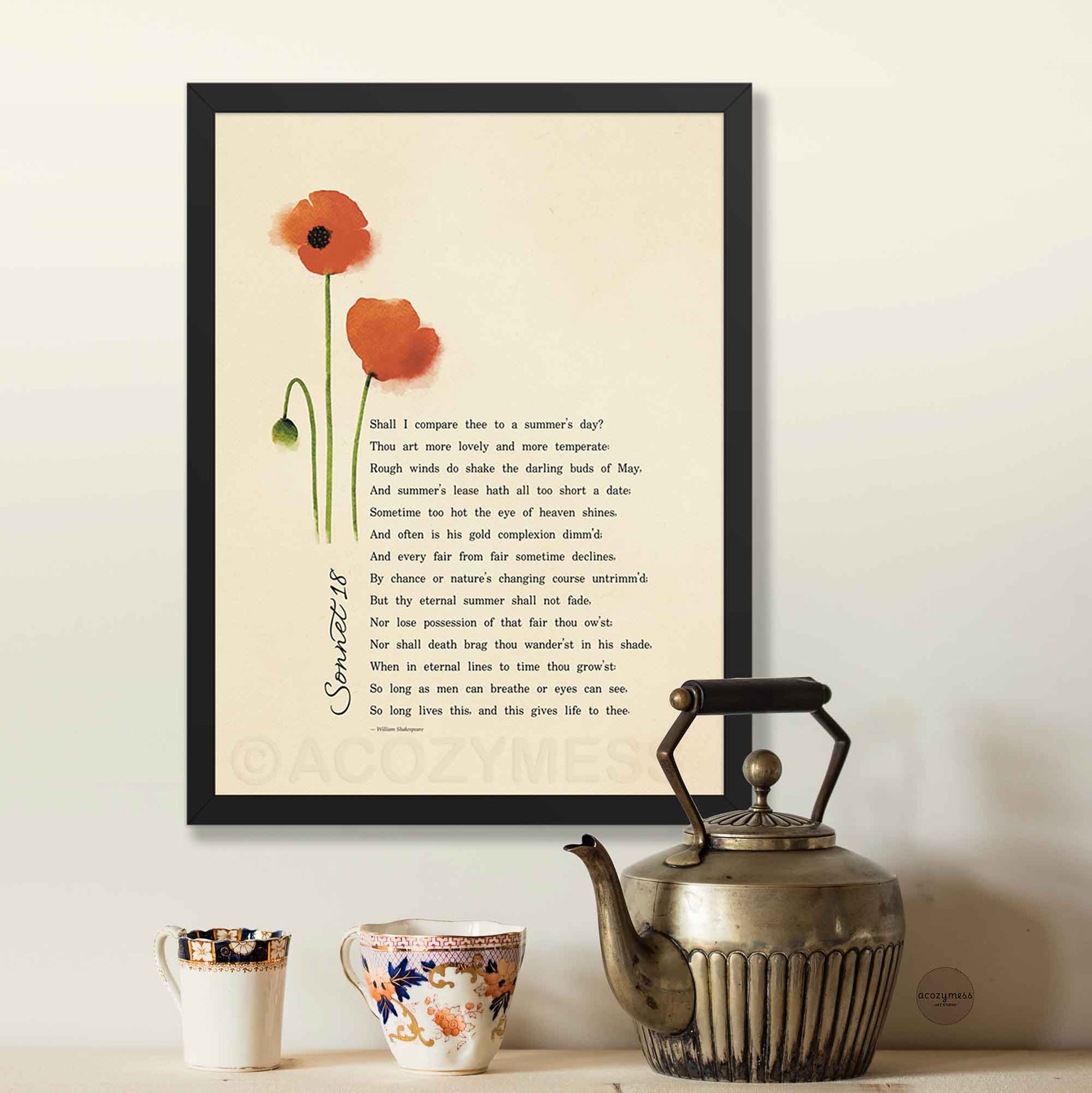 sonnet 18 poem by William Shakespeare with poppy art on beige background in black frame for literary decor.
