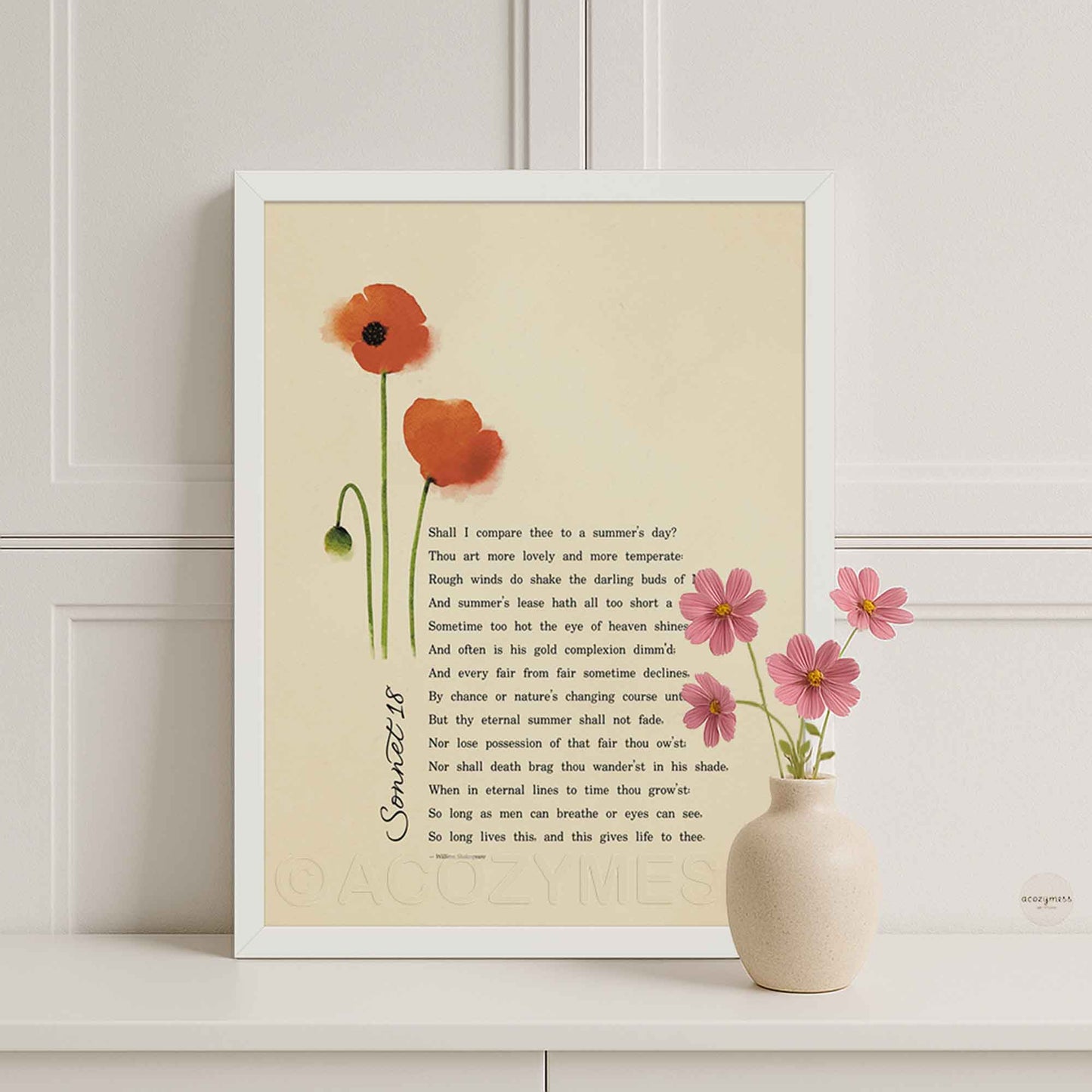sonnet 18 poem by William Shakespeare with poppy art on beige background in white frame for clean and fresh decor