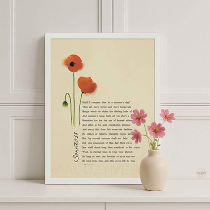 sonnet 18 poem by William Shakespeare with poppy art on beige background in white frame for clean and fresh decor