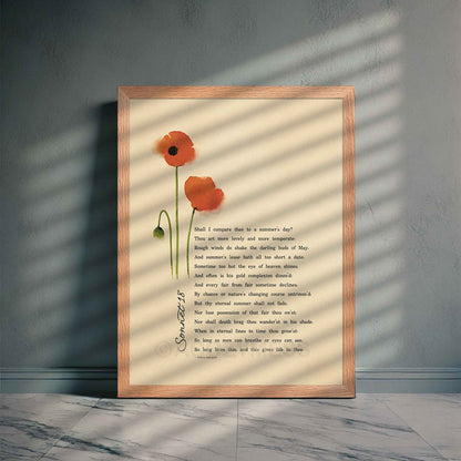 sonnet 18  by William Shakespeare with poppy art on beige background in oakwood frame