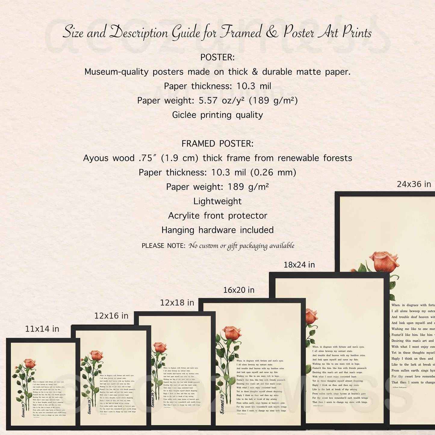 Size and description guide for framed and poster art prints with dimensions and material details.