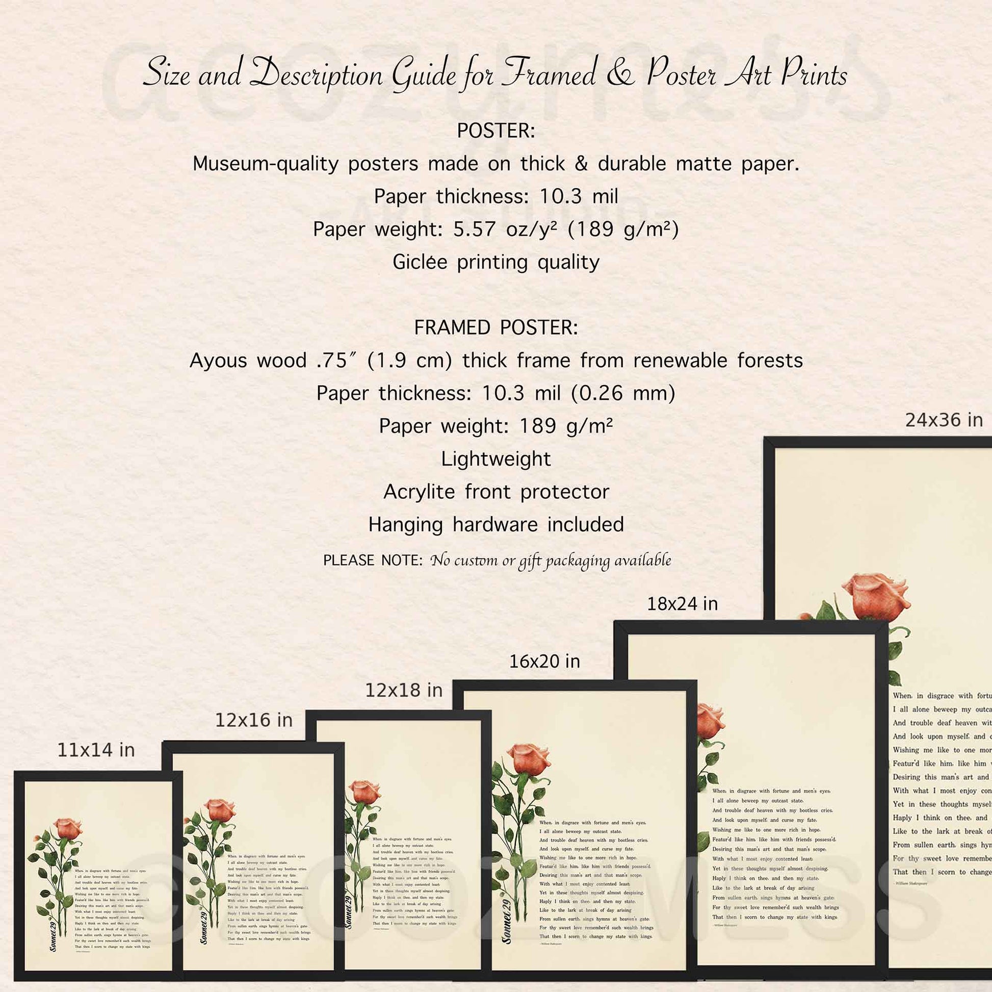 Size and description guide for framed and poster art prints with dimensions and material details.