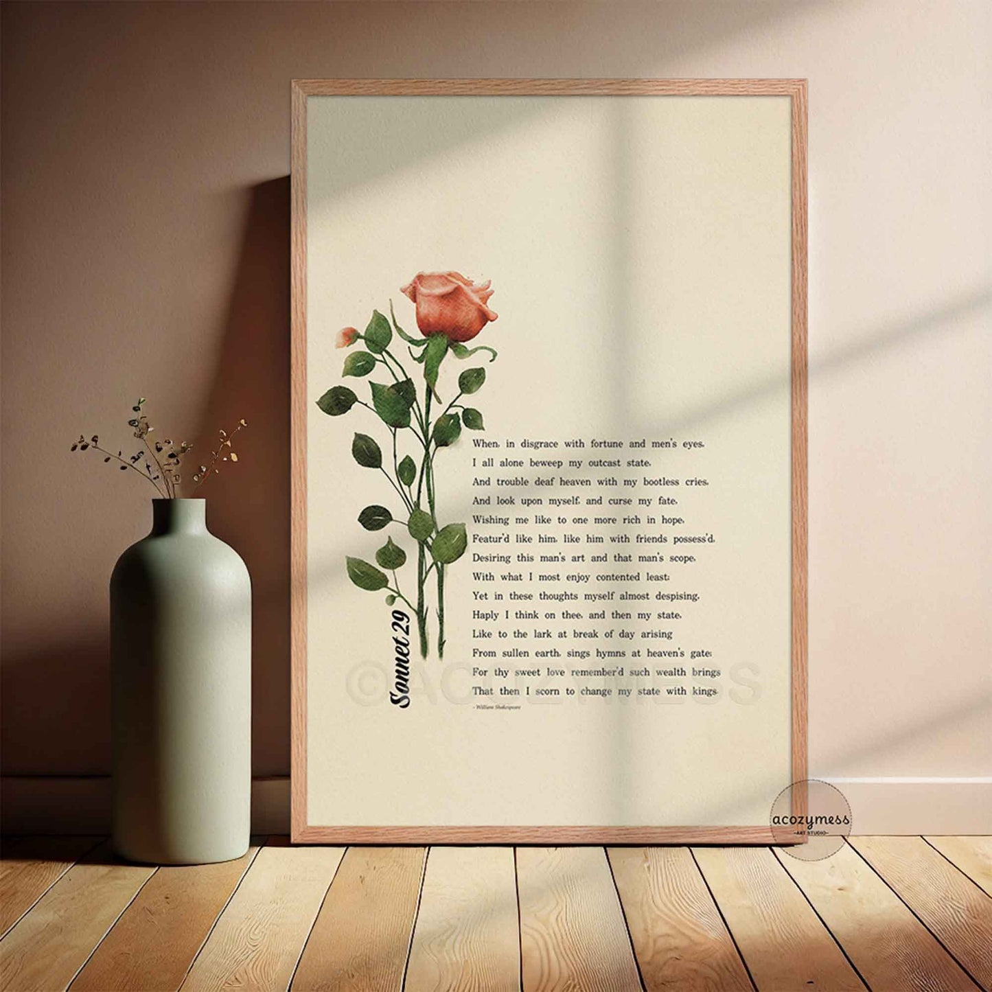 Framed artwork with a rose art and sonnet 29 by William Shakespeare