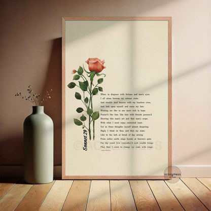 Framed artwork with a rose art and sonnet 29 by William Shakespeare