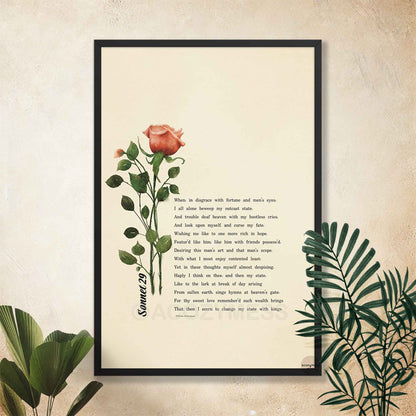Sonnet 29 Shakespeare poster with rose illustration on beige background in black frame.