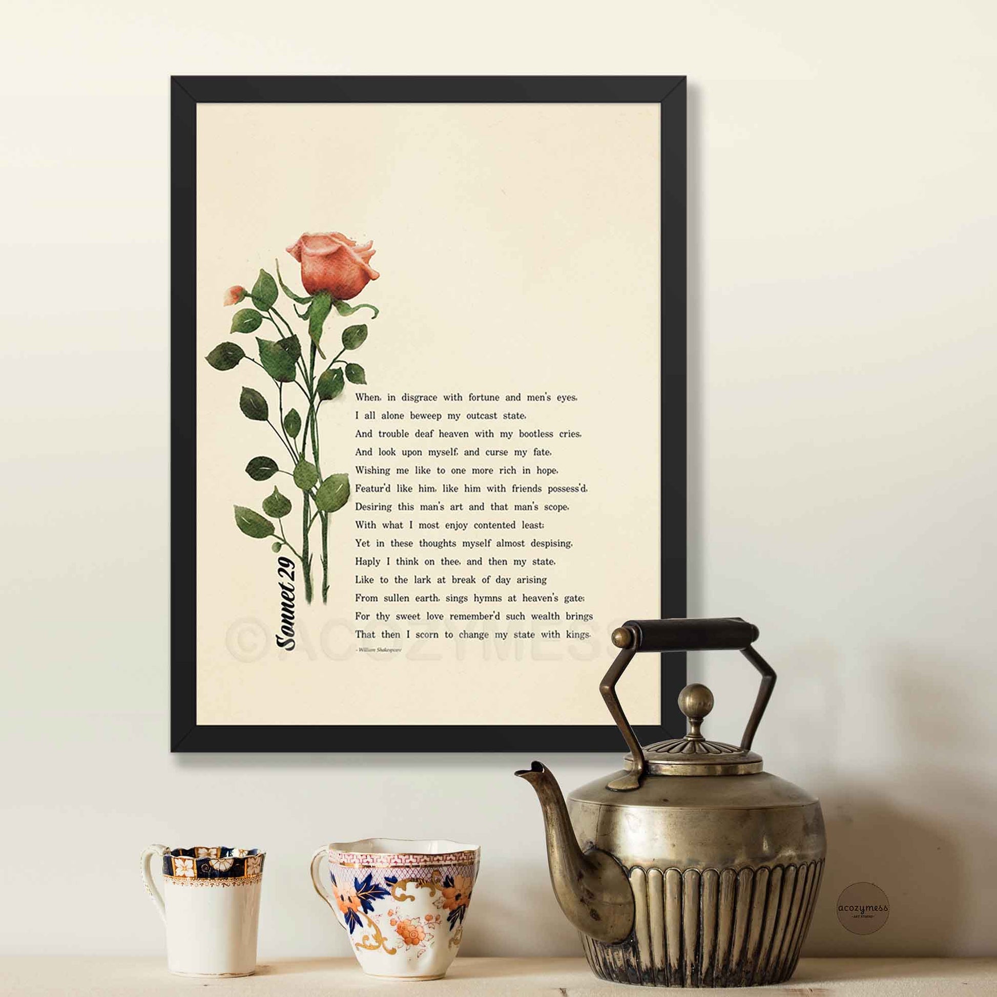 Black framed poster with a rose art and sonnet 29 by  Shakespeare