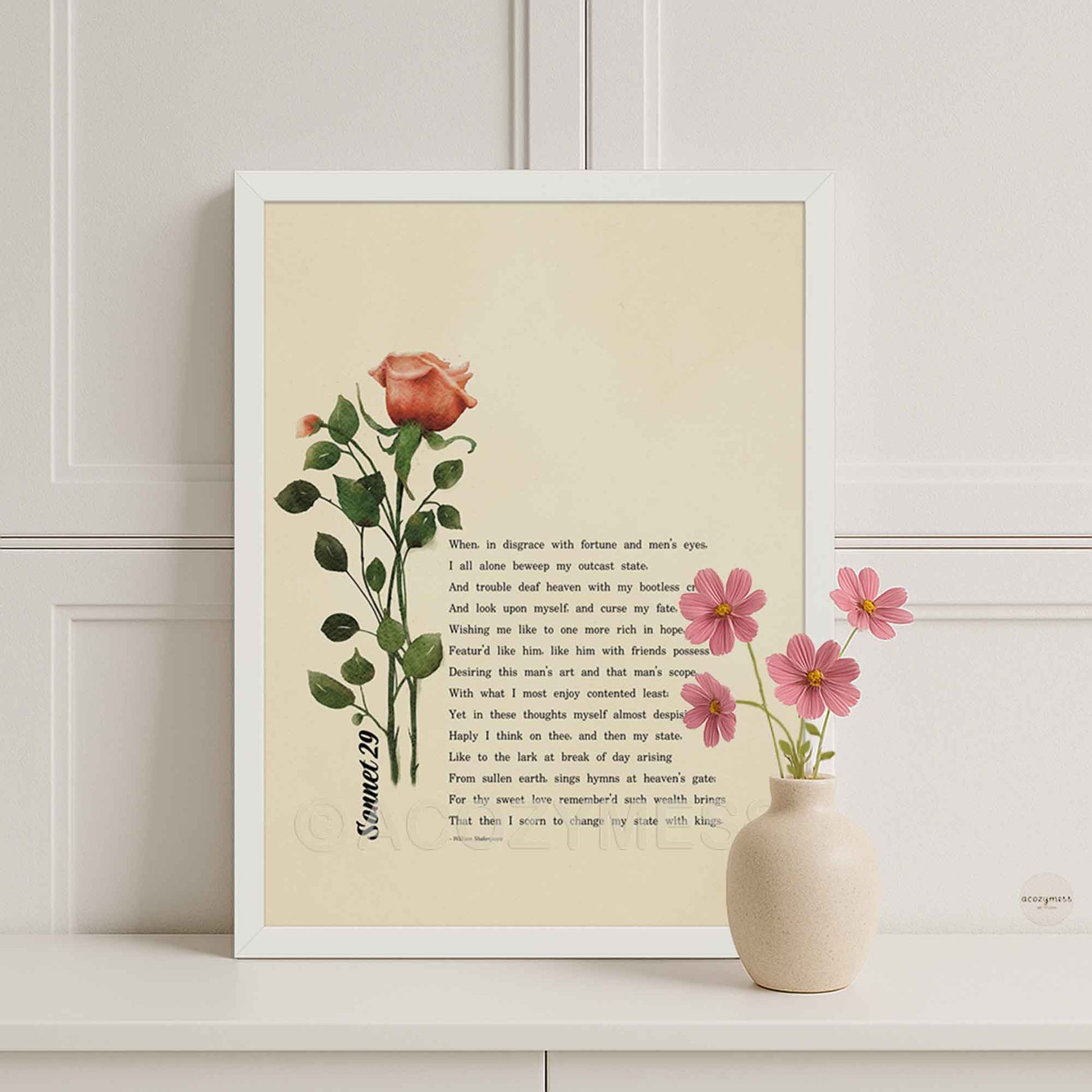 Black framed poster with a rose art and sonnet 29 by William Shakespeare