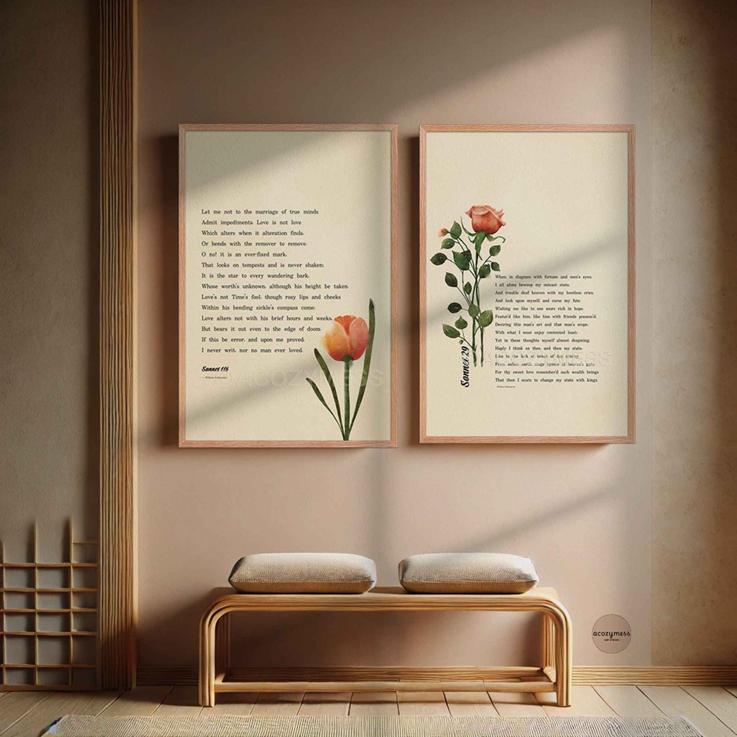 sonnet 29 and sonnet 116 by Shakespeare with floral art, both framed in oakwood for natural and vintage look