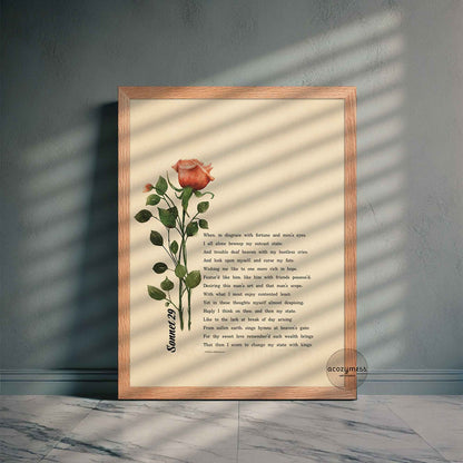 Sonnet 29 Shakespeare poster with rose illustration on beige background in oakwood frame