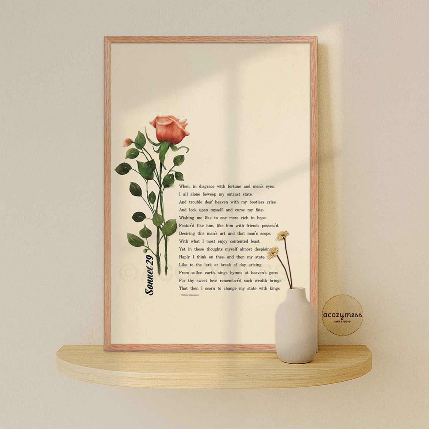Sonnet 29 Shakespeare poster with rose illustration on beige background displayed in oakwoodframe