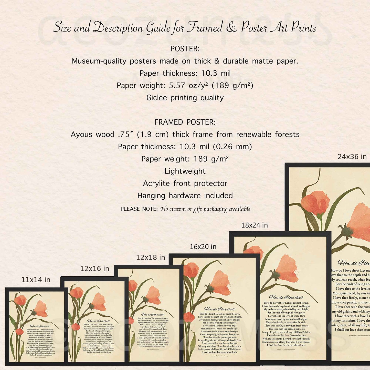 Size and description guide for framed and poster art prints with floral designs.