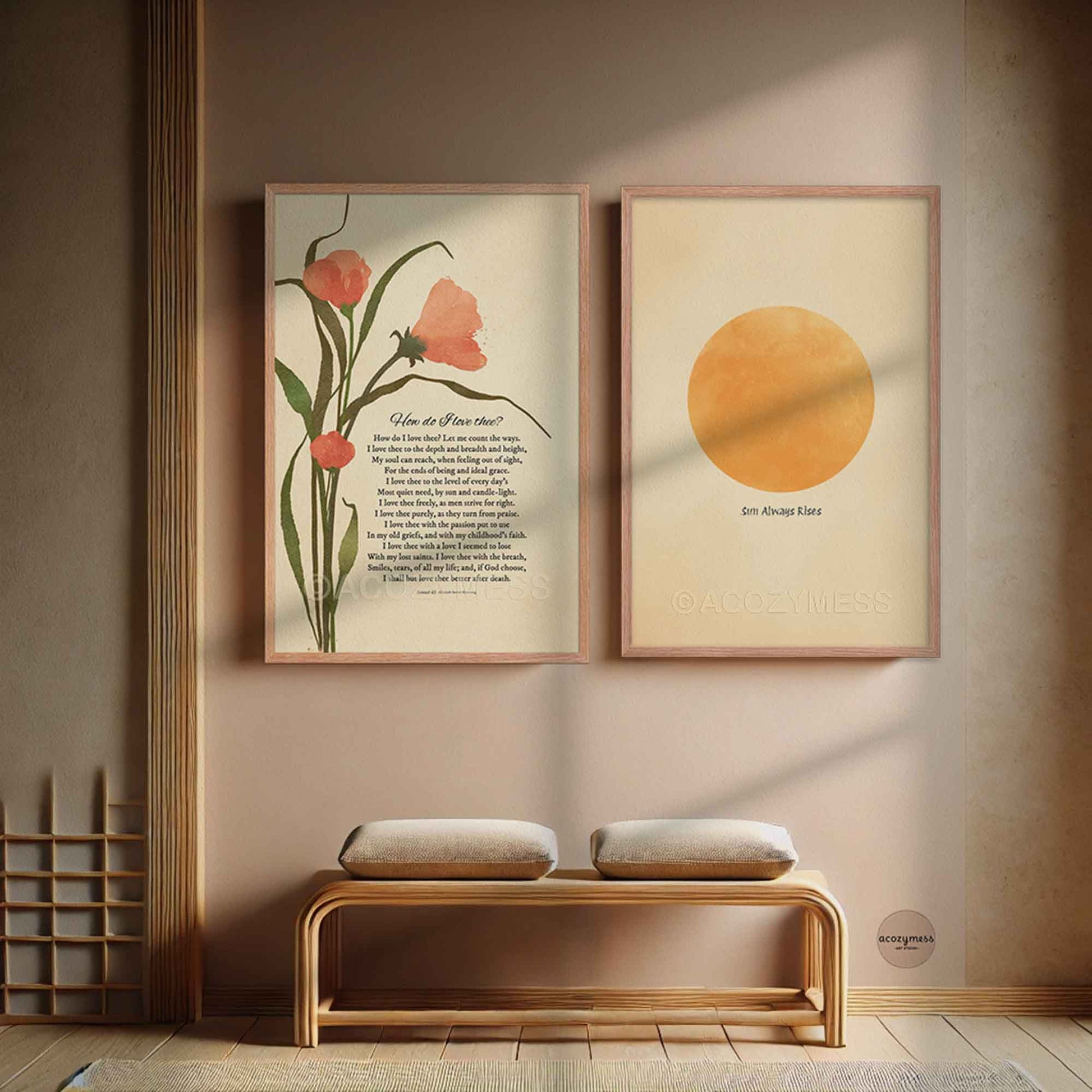 Sonnet 43 by Elizabeth Barrett Browning displayed in an oakwood frame, with soft floral illustration on a beige background, creating a warm and romantic aesthetic.