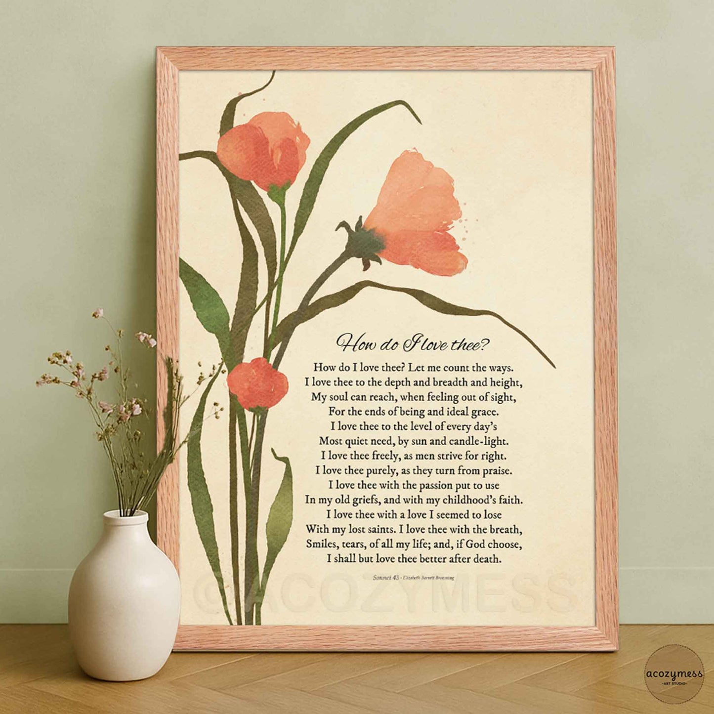 Sonnet 43 by Elizabeth Barrett Browning — Poetry Poster with Floral Art