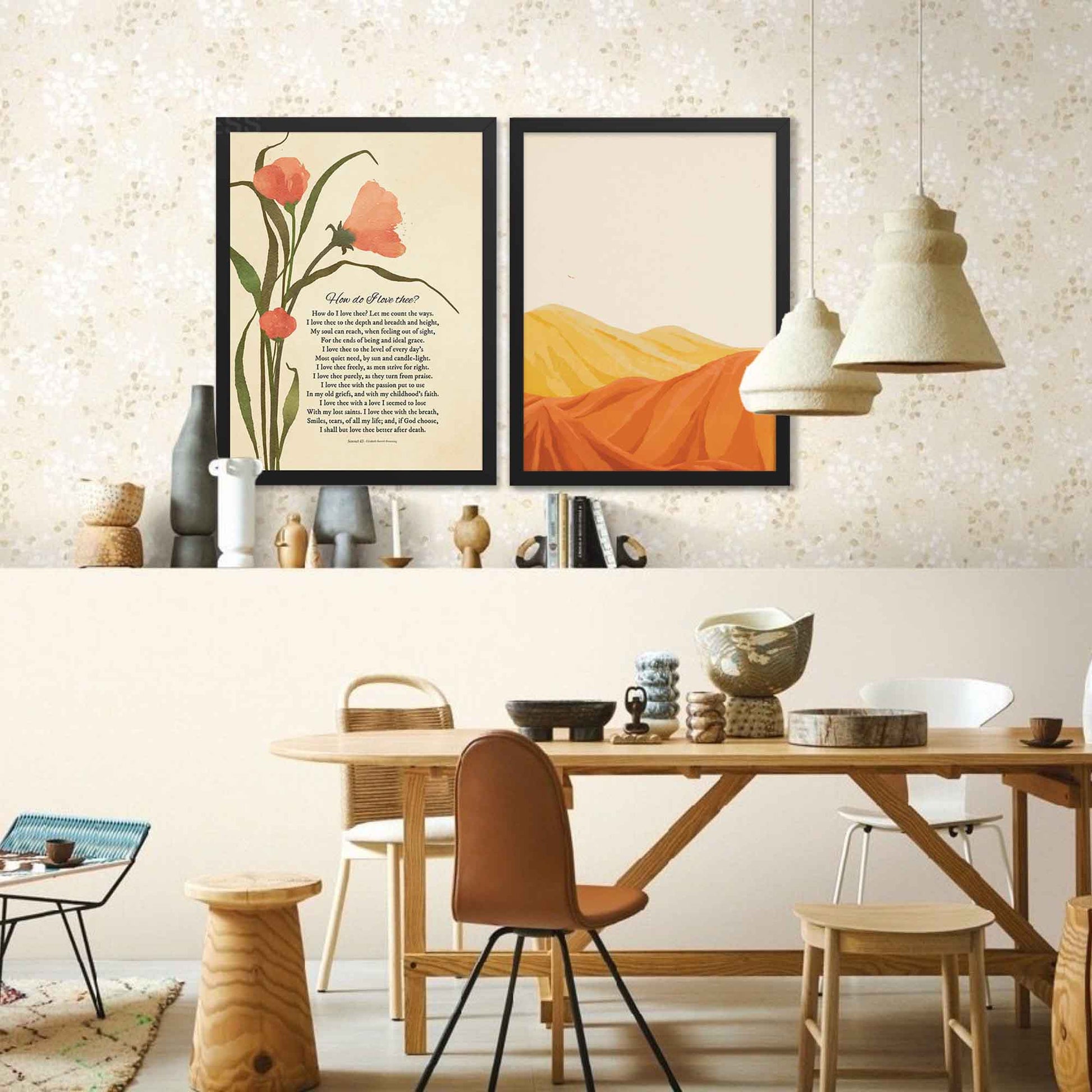 Black framed Sonnet 43 poetry poster with floral illustration on a beige background.