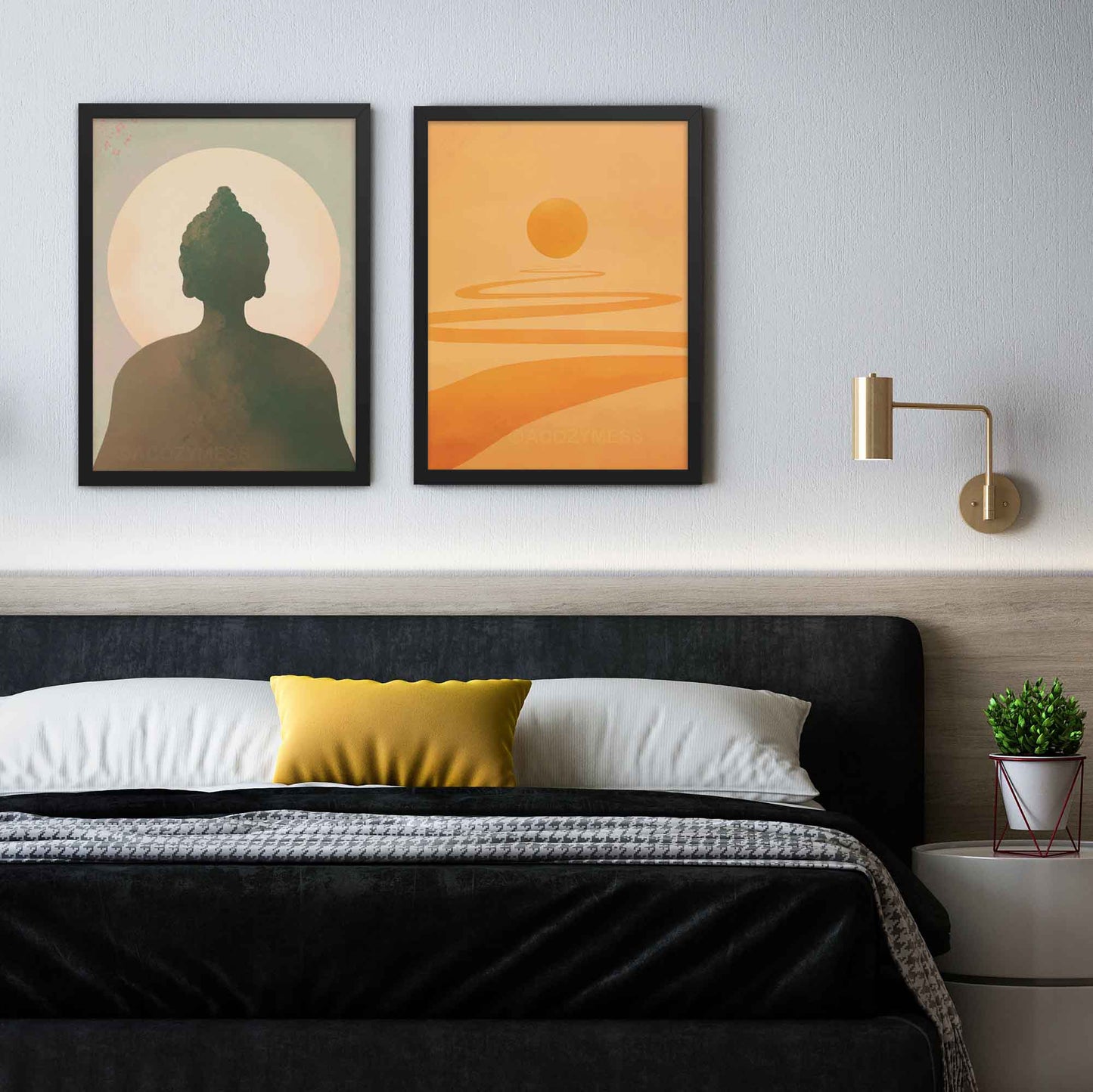 Path towards enlightenmentor light art print in yellow, orange colors and buddha and moon art print in earthly green and blue, both in black frame.