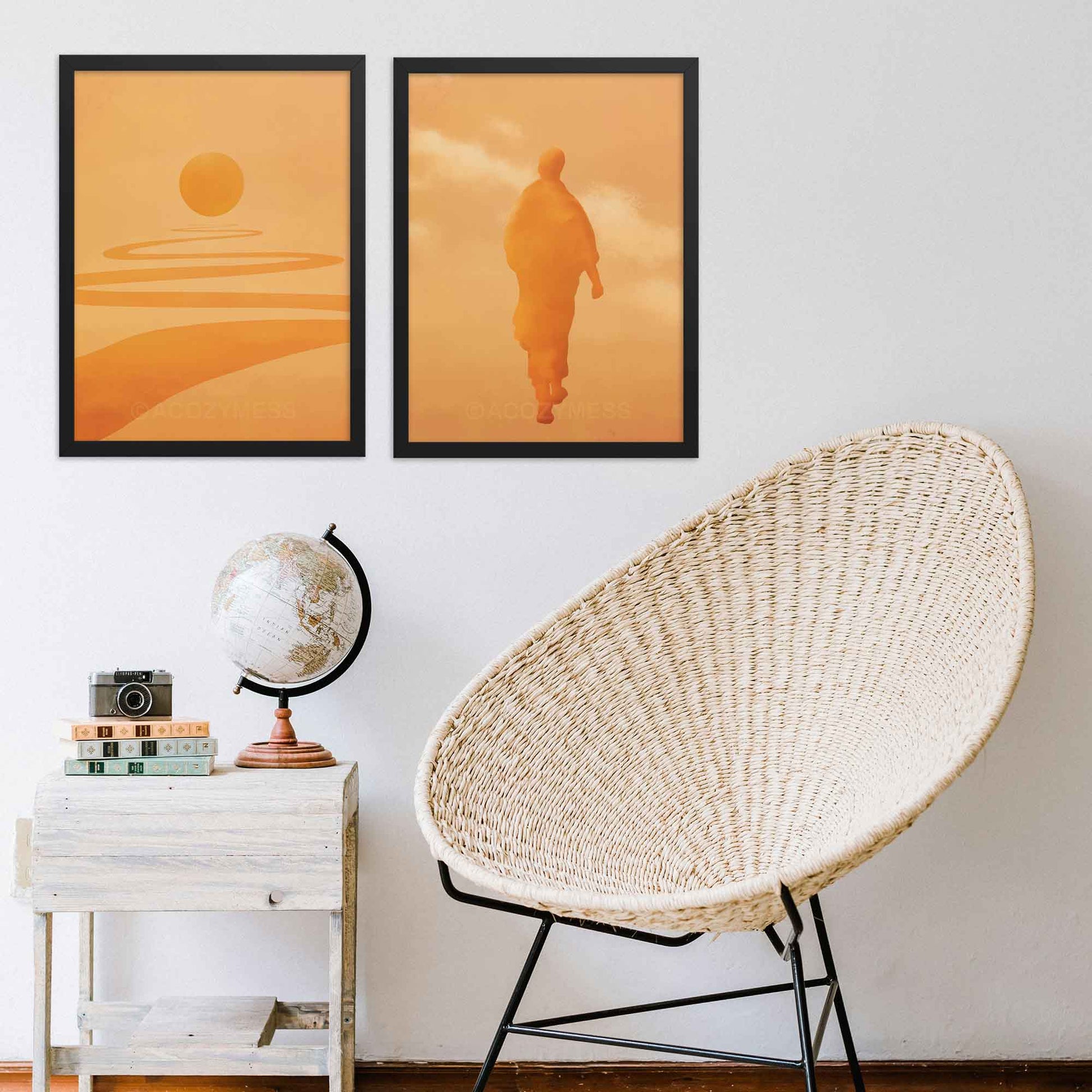 Path towards enlightenment or light(sun) art print and a monk in walking meditation art print, both in yellow, orange colors and in black frame