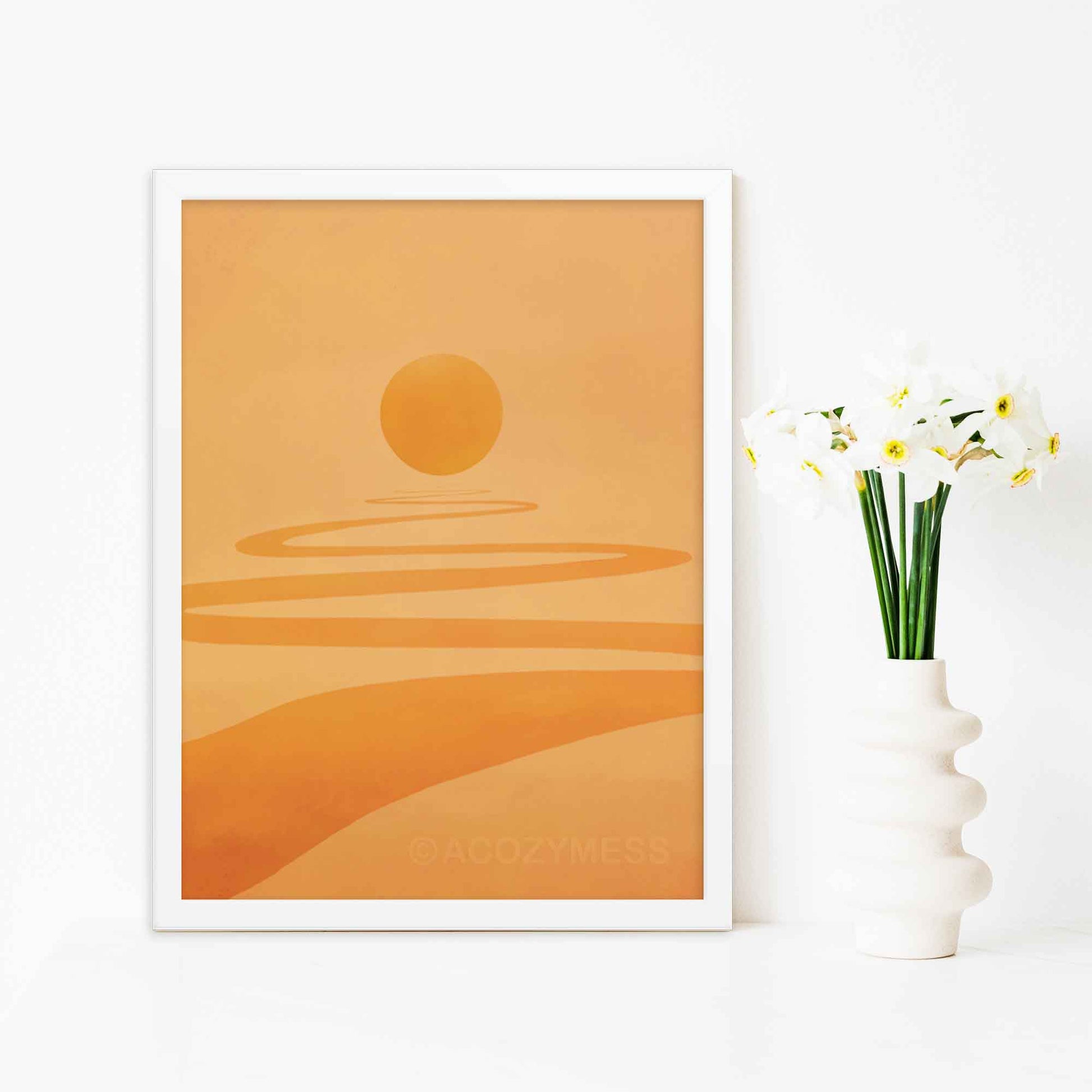 Path towards enlightenmentor light art print in yellow, orange colors in white frame