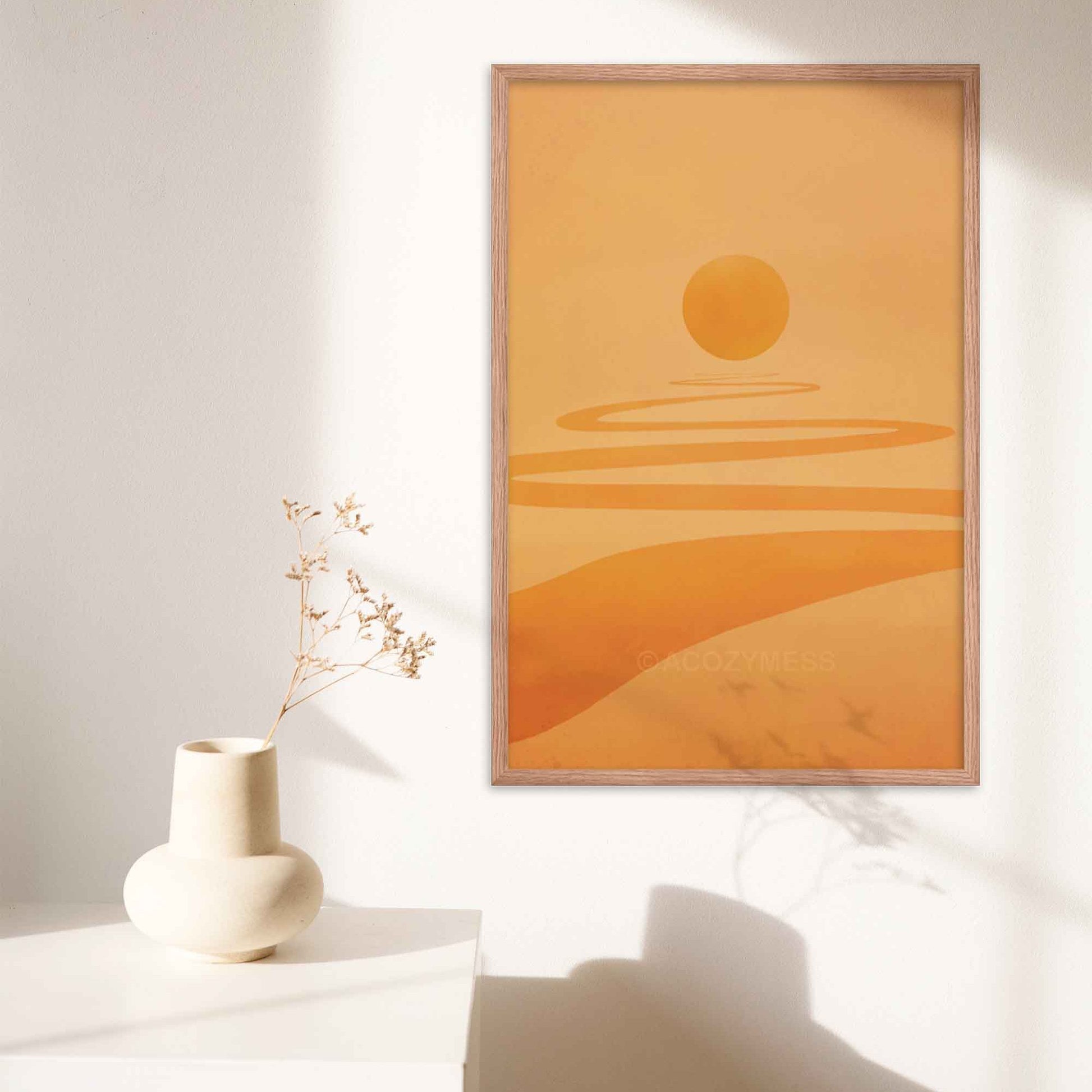 Path towards enlightenmentor light art print in yellow, orange colors in oakwood frame