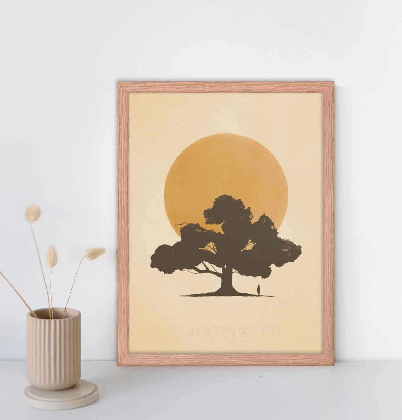 silhouette of a tree and a person in front of sun in yellow color art print in oakwood frame 