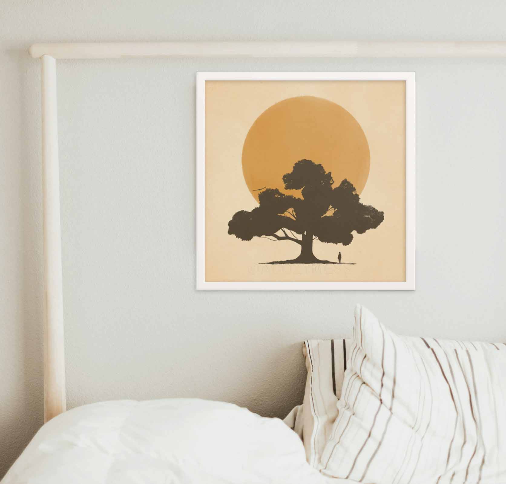 silhouette of a tree and a person in front of sun in yellow color art print in square frame