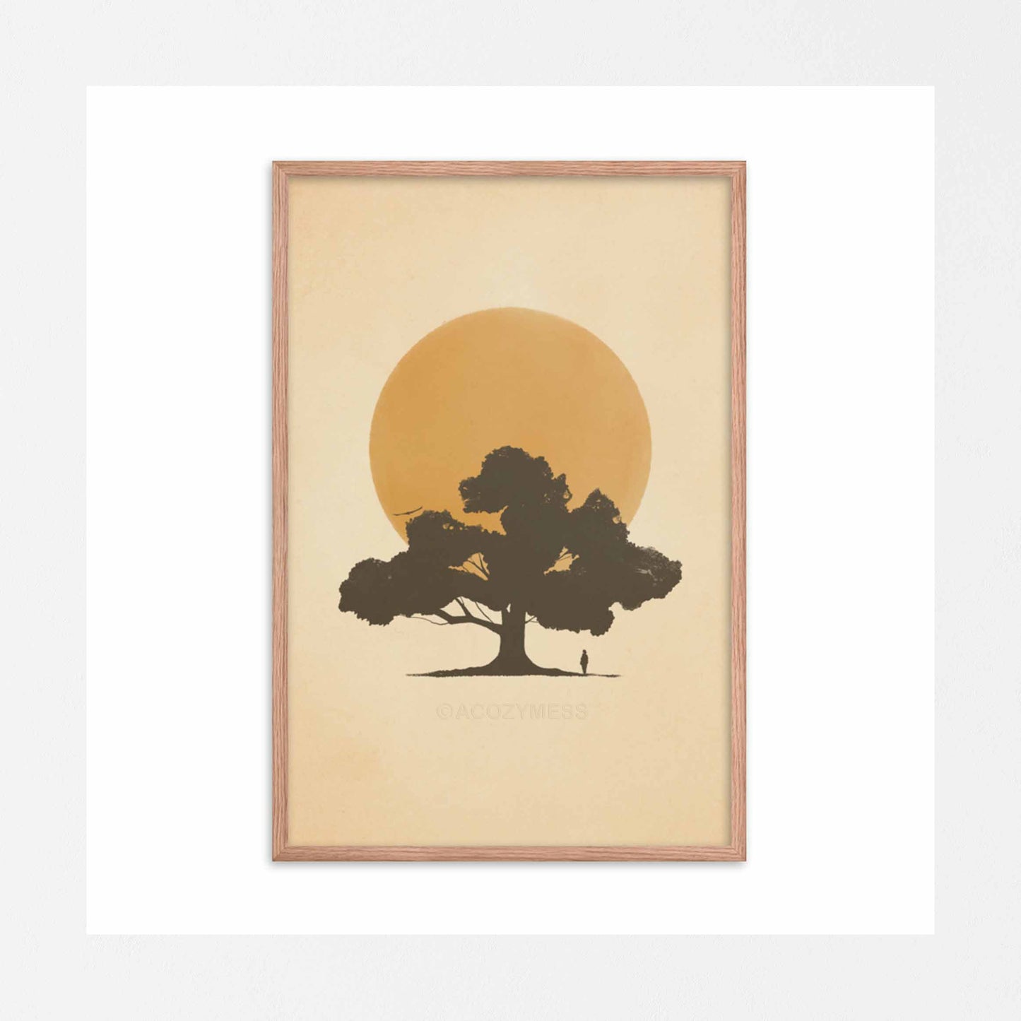 silhouette of a tree and a person in front of sun in yellow color art framed in oakwood 