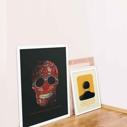 Marcus Aurelius quote on success and failure featured in stoic wall art with a skull and floral design on black background color in white frame.