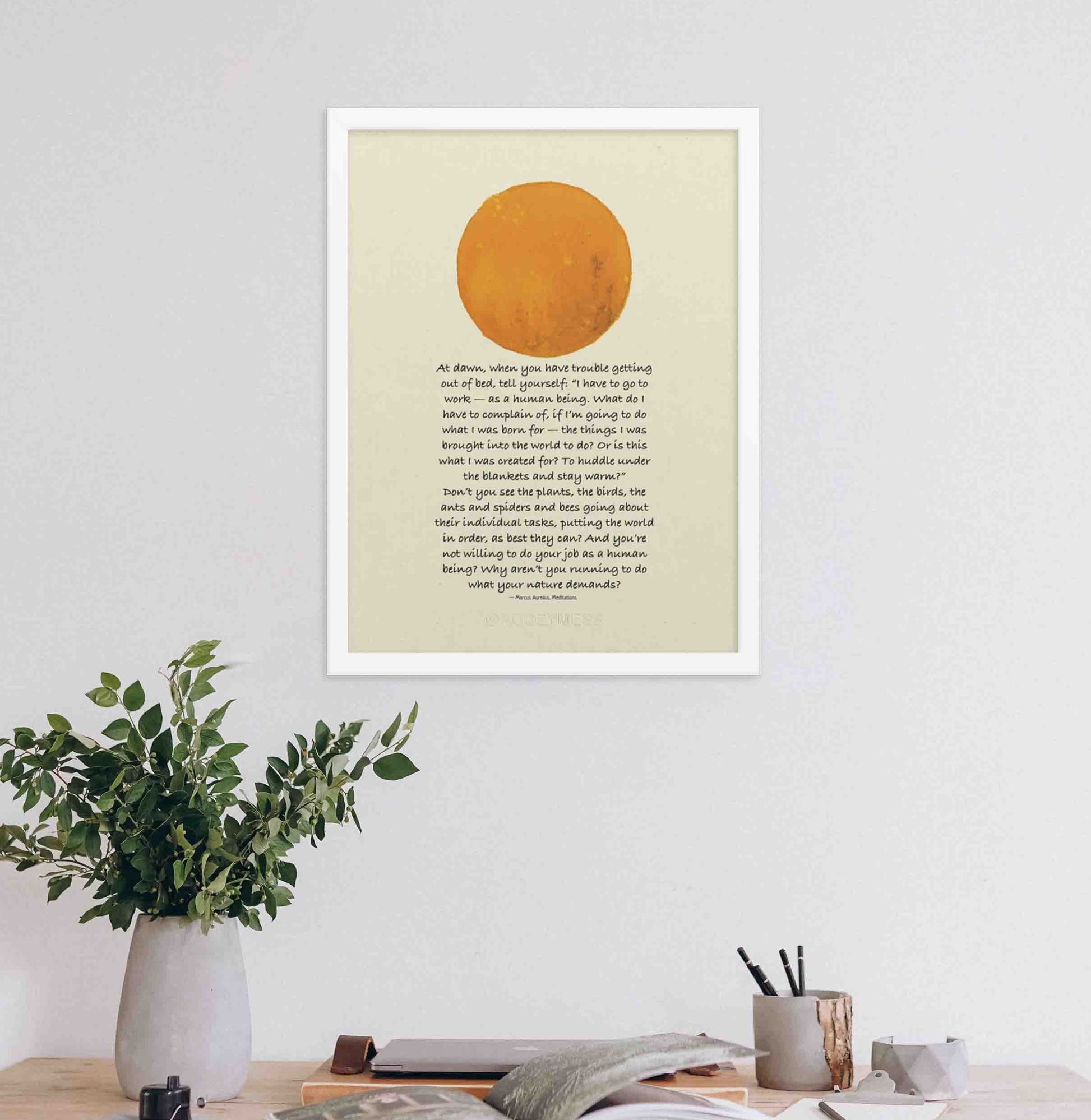 marcus aurelius at dawn quote poster in white frame