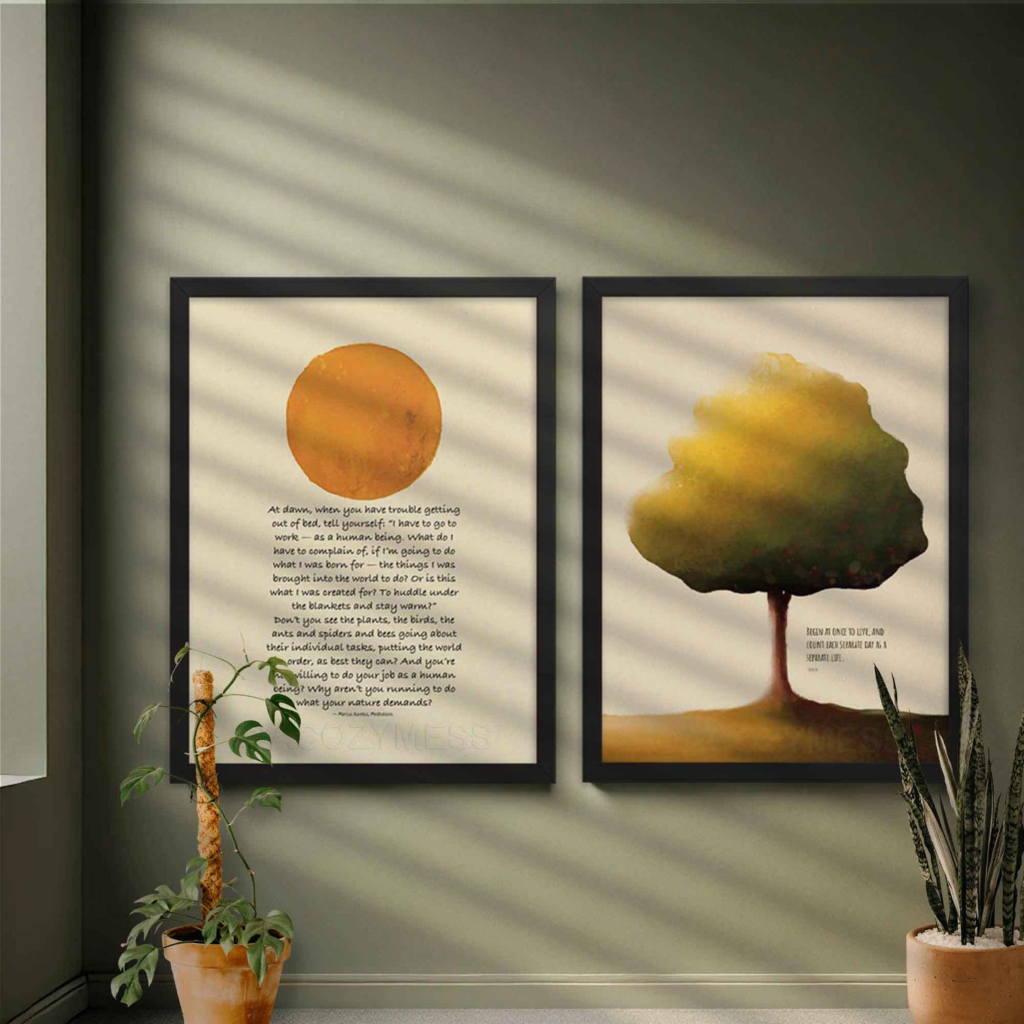 Minimalist Marcus Aurelius quote poster in black frame with sun illustration, perfect for modern and stoic philosophy followers.