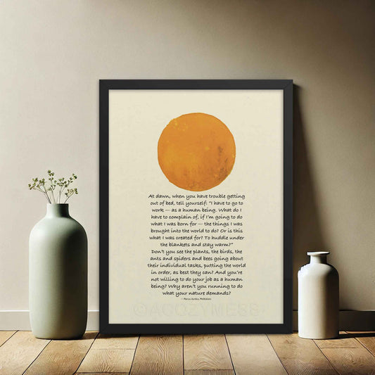 Morning Motivation marcus aurelius quote framed poster in black frame with sun illustration