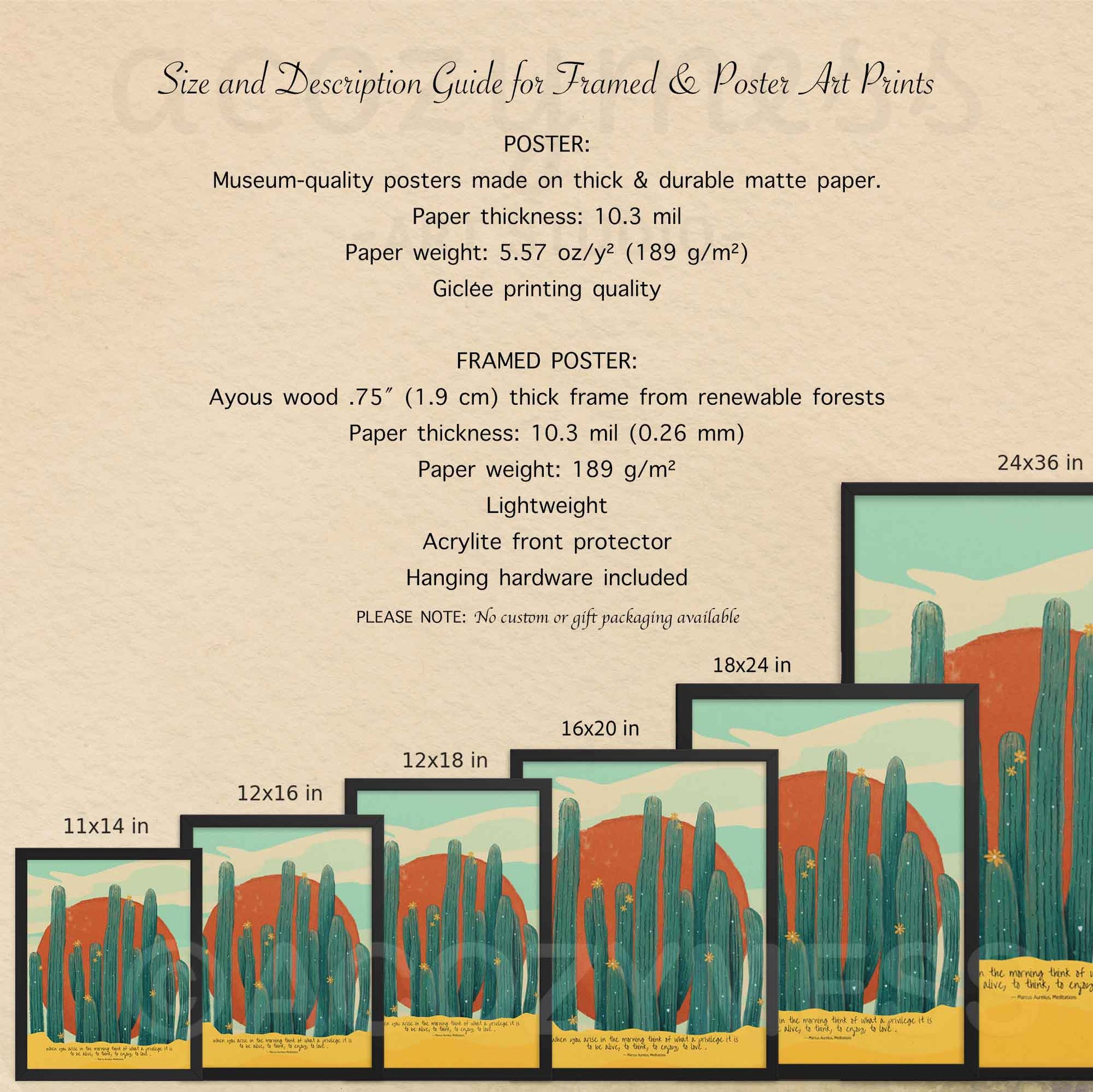 11x14, 12x16, 12x18, 16x20, 18x24, 20x30 framed and unframed poster options description guide for morning stoic poster