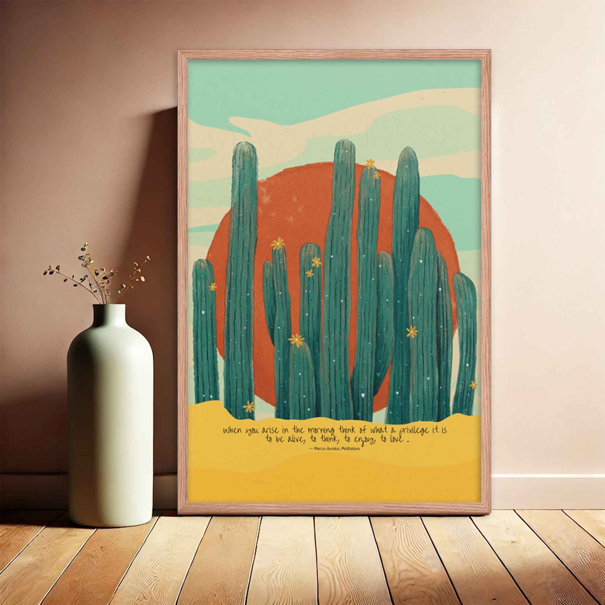 Marcus Aurelius Print with quote, when you arise in the morning with colorful and beautiful sun desert illustration, displayed in oakwood frame.