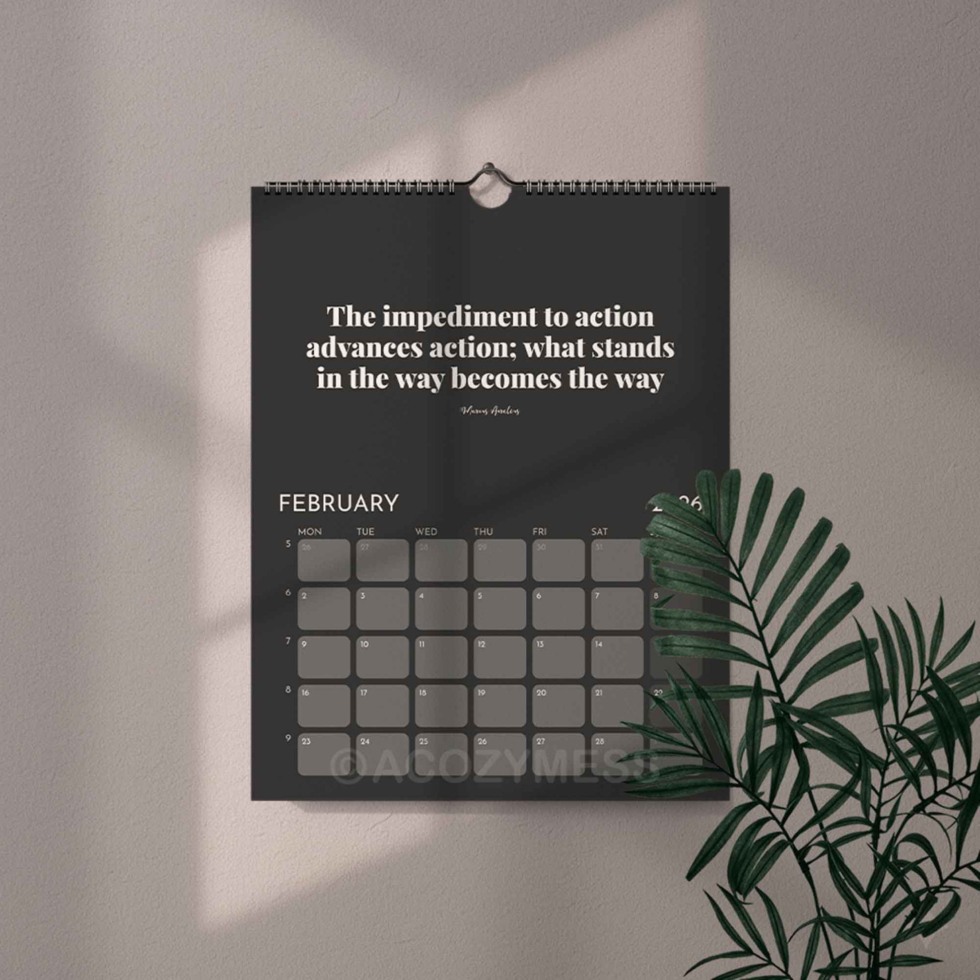 Black and white calendar with motivational quote 