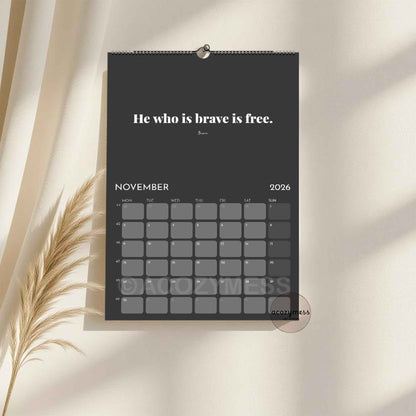 Wall calendar for 2026 with stoic motivational quote on a dark background