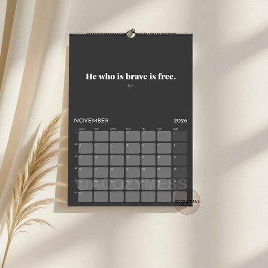 Wall calendar for 2026 with stoic motivational quote on a dark background