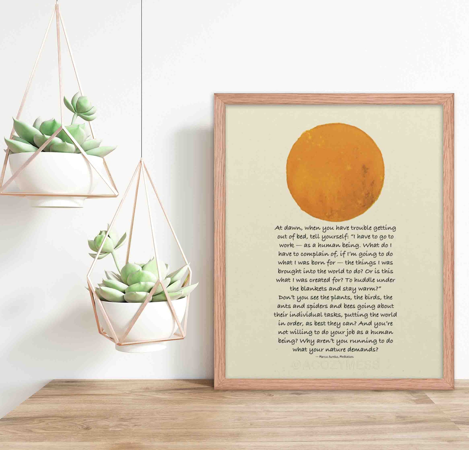 Morning Motivation marcus aurelius framed poster in oak wood with sun illustration