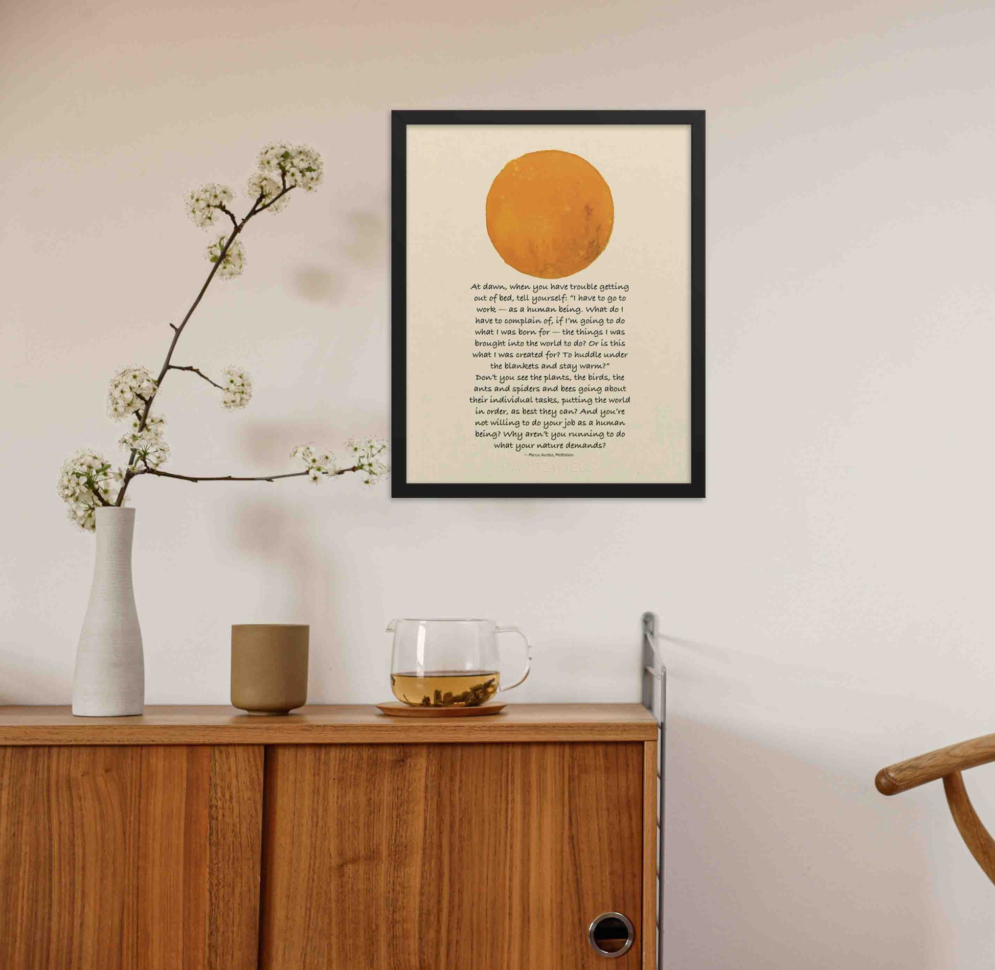 Morning Motivation marcus aurelius framed poster in black frame with sun illustration