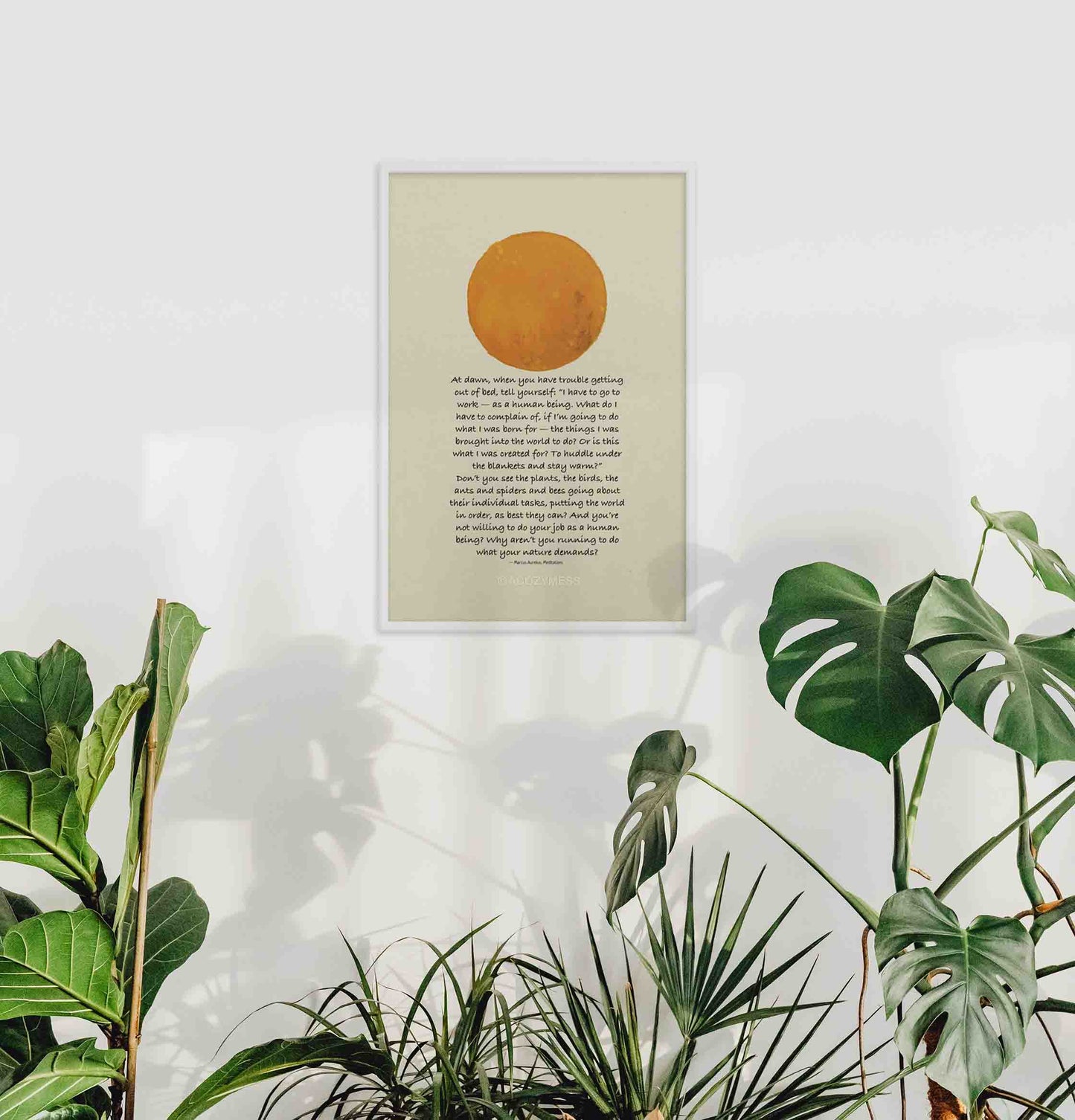 Morning Motivation marcus aurelius framed poster in white frame with sun illustration