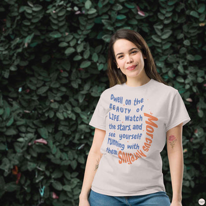 Marcus Aurelius unisex cotton tee with quote, Dwell n Beauty of life.., in ice gray color.