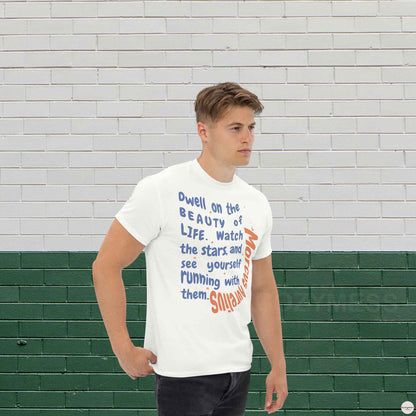 Marcus Aurelius unisex cotton tee with quote, Dwell n Beauty of life.., in white color.