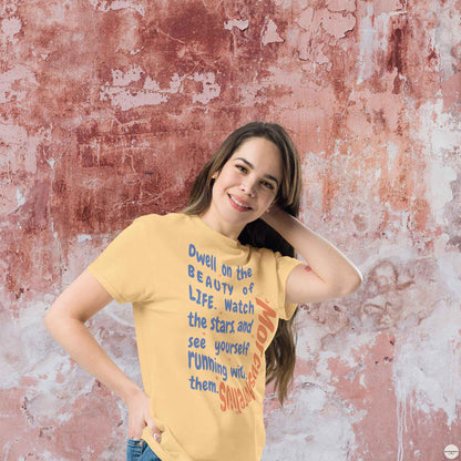 Marcus Aurelius unisex cotton tee with quote, Dwell n Beauty of life.., in yellow haze color.