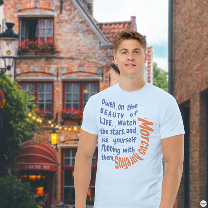 Marcus Aurelius unisex cotton tee with quote, Dwell n Beauty of life.., in light blue color.