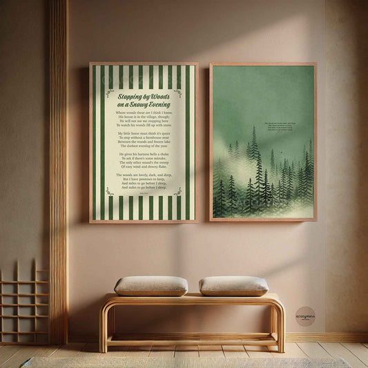 Two oakwood framed prints on a wall with Robert Frost poem and quote
