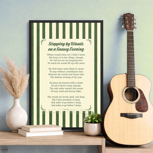 Black Framed poem 'Stopping by Woods on a Snowy Evening' in beige and green striped art.
