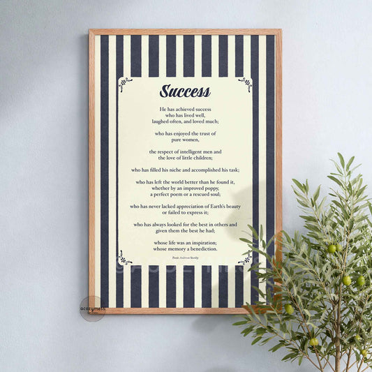 Success wall art in blue and beige stripe design in oakwood frame.