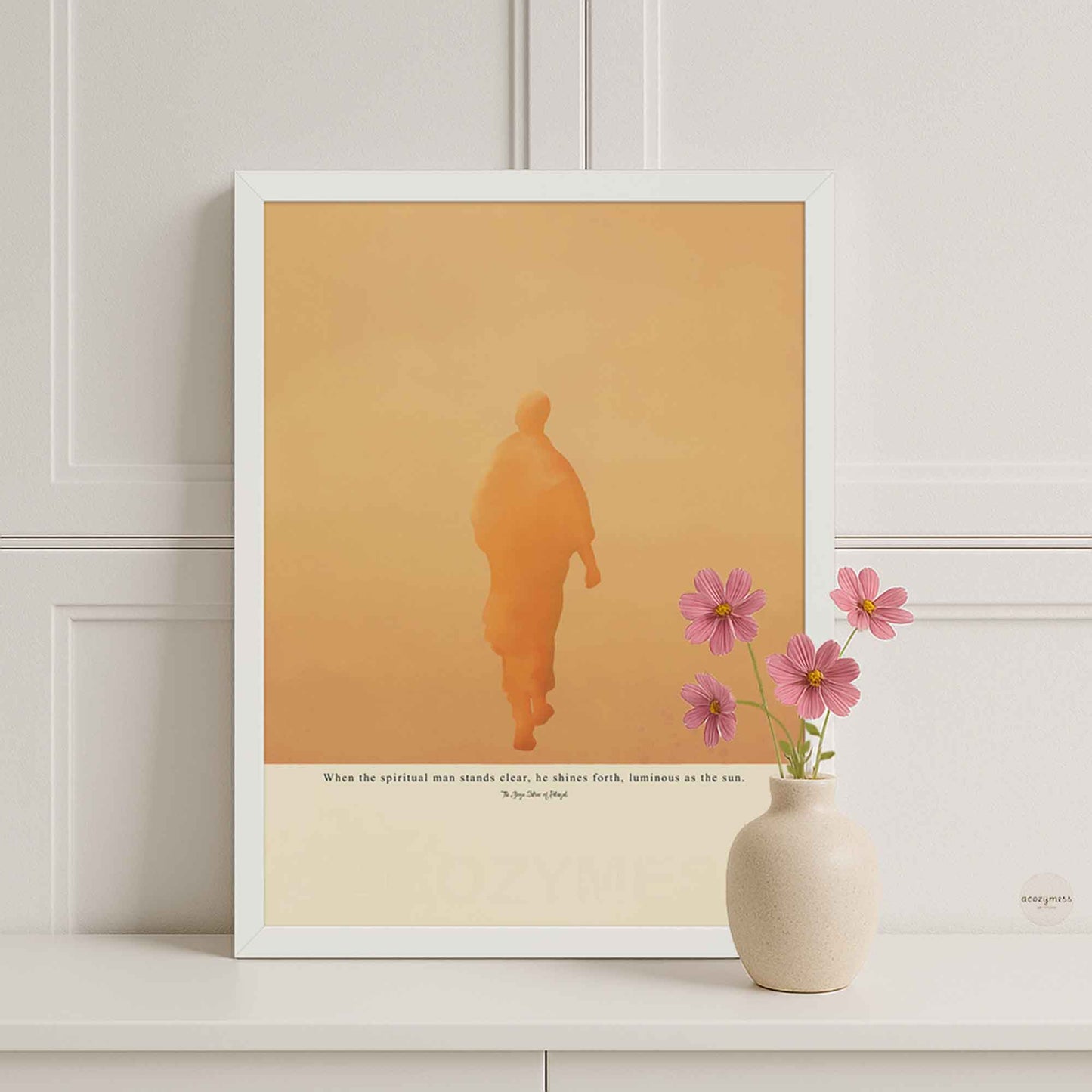 Patanjali Yoga Sutras poster with sun-inspired illustration in white frame on beige background.