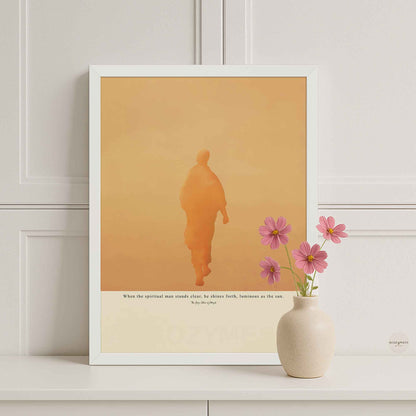 Patanjali Yoga Sutras poster with sun-inspired illustration in white frame on beige background.