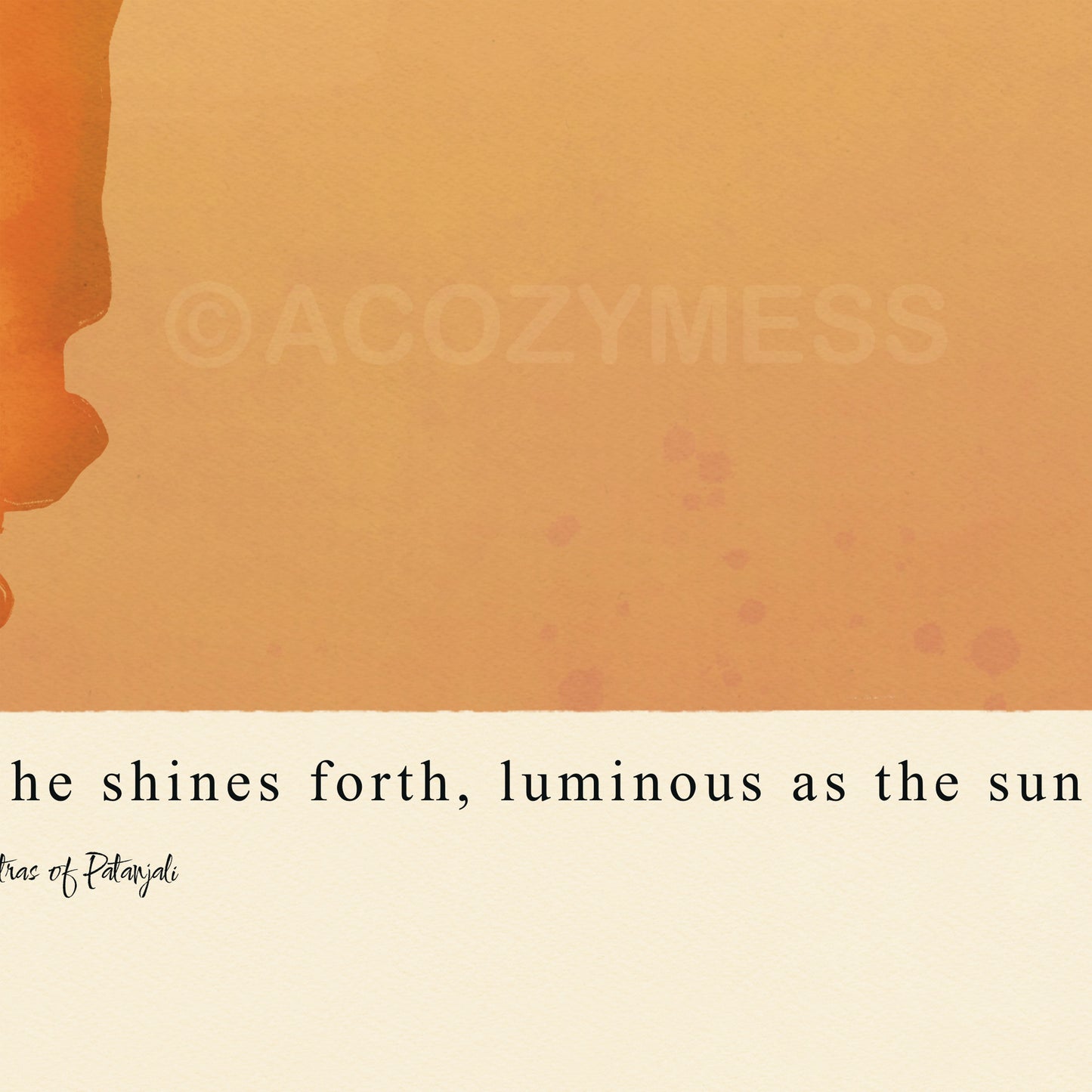  Close-up view of Patanjali Yoga Sutras poster with quote “…luminous as the sun” and radiant sun-inspired illustration on beige background.